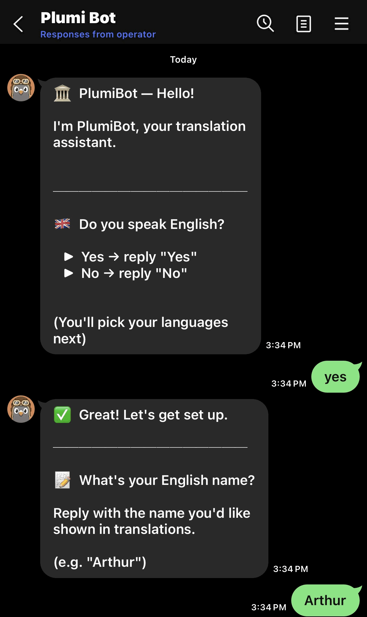 PlumiBot’s onboarding DM: “I’m PlumiBot, your translation assistant. Do you speak English?”, answered “yes”, then “What’s your English name?”, answered “Arthur”.
